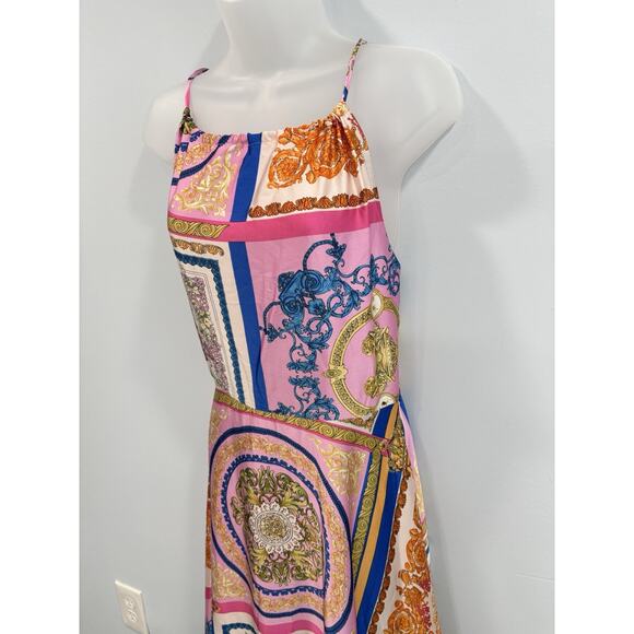 NEW AAKAA Boho Maxi Dress L Paisley Scarf Print Spaghetti Strap Wedding Guest - Picture 4 of 8